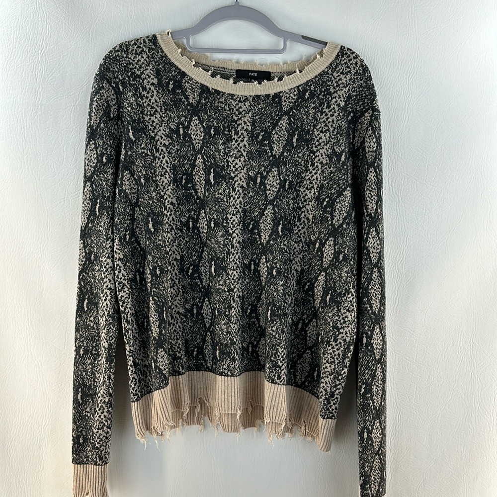 Fate Distressed Snakeskin Print Sweater, M